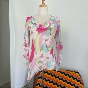 Vintage Y2K Star City Fairy Boho Pastel Floral Cowl Asymmetrical Sheer Top